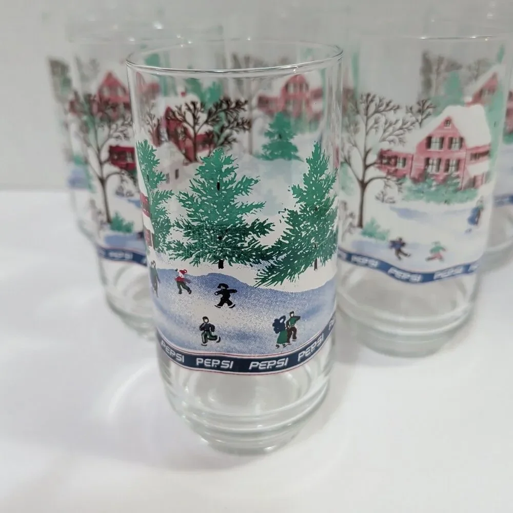Vtg Pepsi Holiday 16oz Glasses Set of 6 Winter Cabin Snow Scene Retro